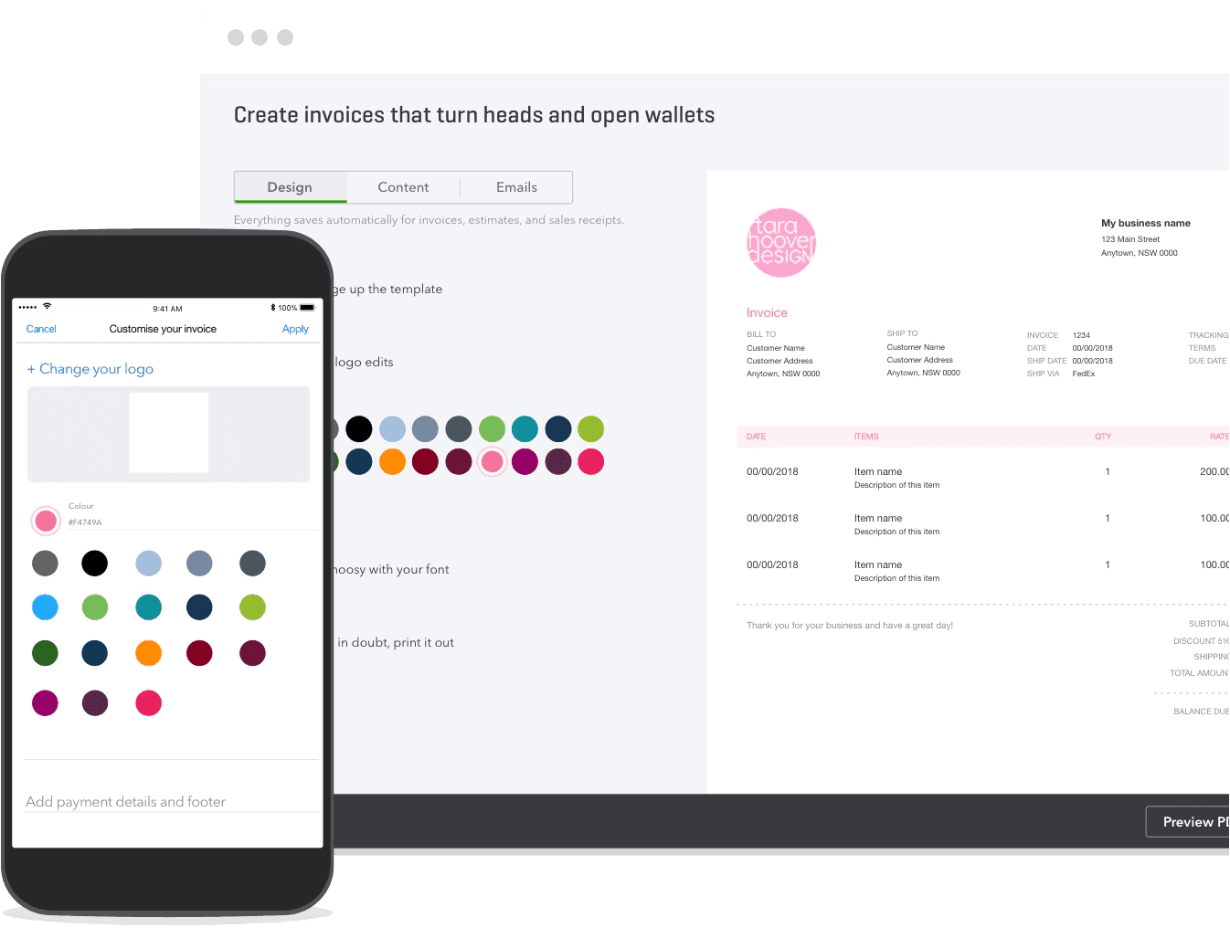 QuickBooks invoice designer on desktop and mobile