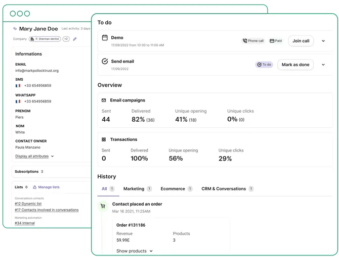 Brevo CRM contact record with activity history