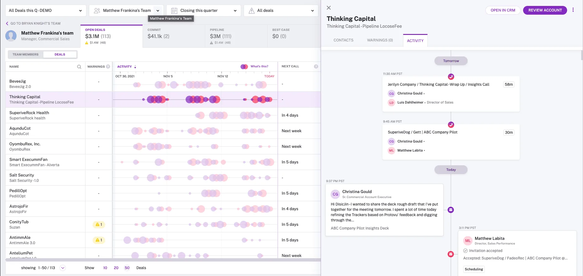 Gong call timeline with AI notes