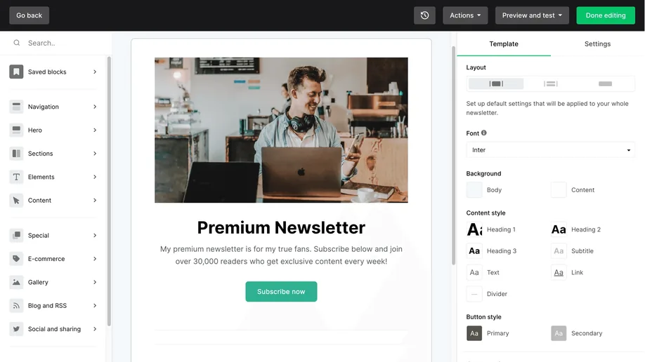 MailerLite newsletter landing page editor