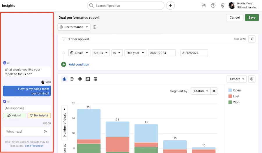 Pipedrive AI report assistant with a deal performance report