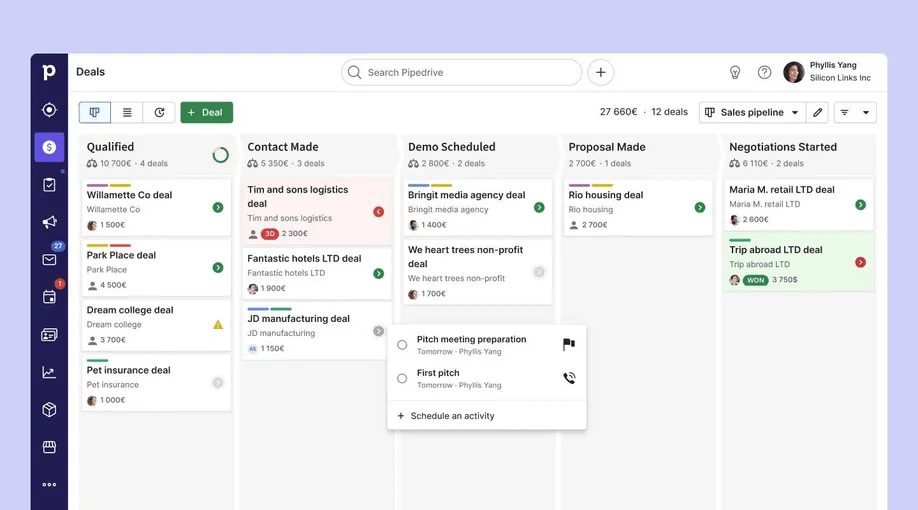 Pipedrive deals pipeline board