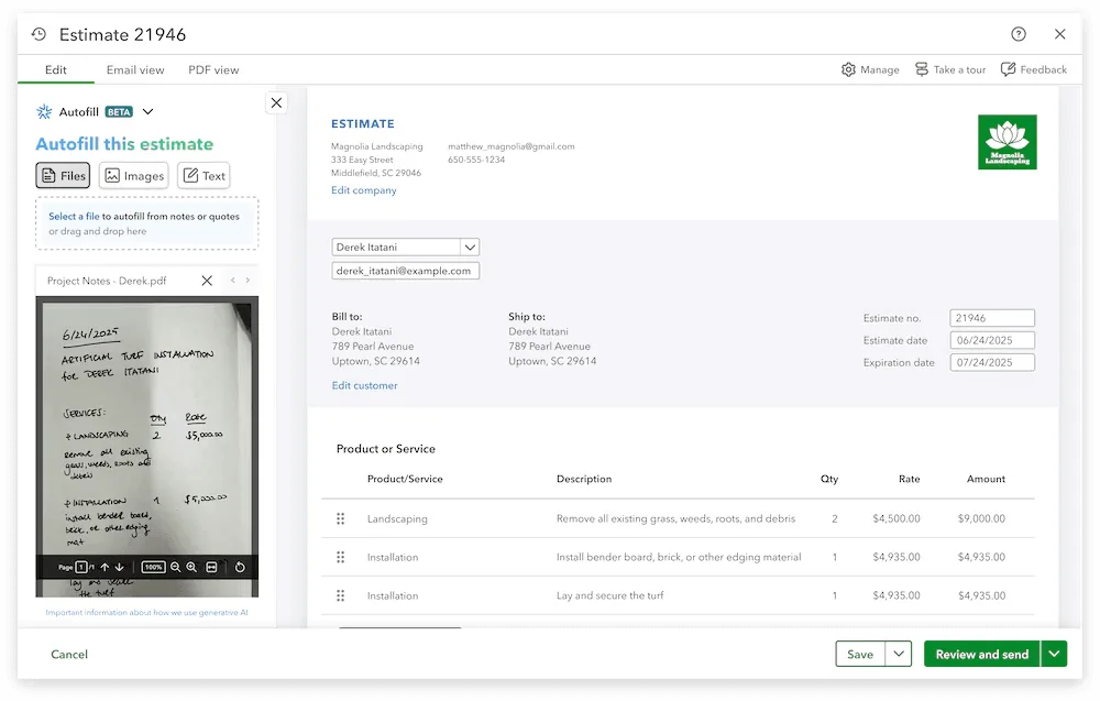 QuickBooks estimate with AI autofill