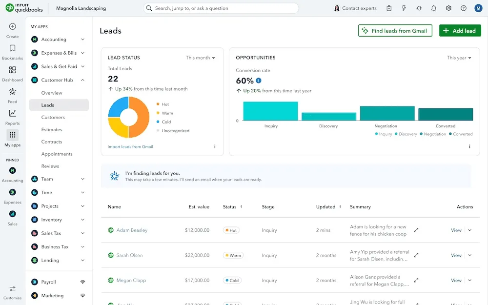 QuickBooks leads and opportunities view