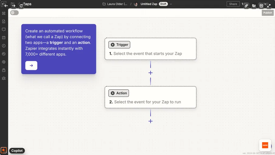 Zapier editor with a trigger and an action